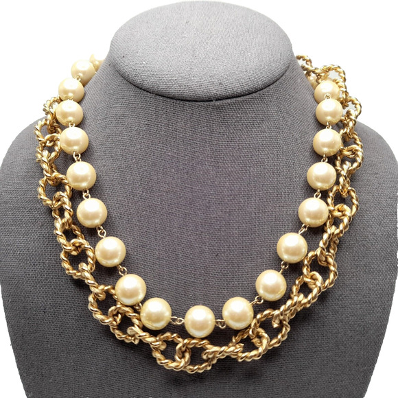 Vintage Faux Pearl & Gold Tone Chain Necklace Double Strand, 18" - Picture 2 of 10